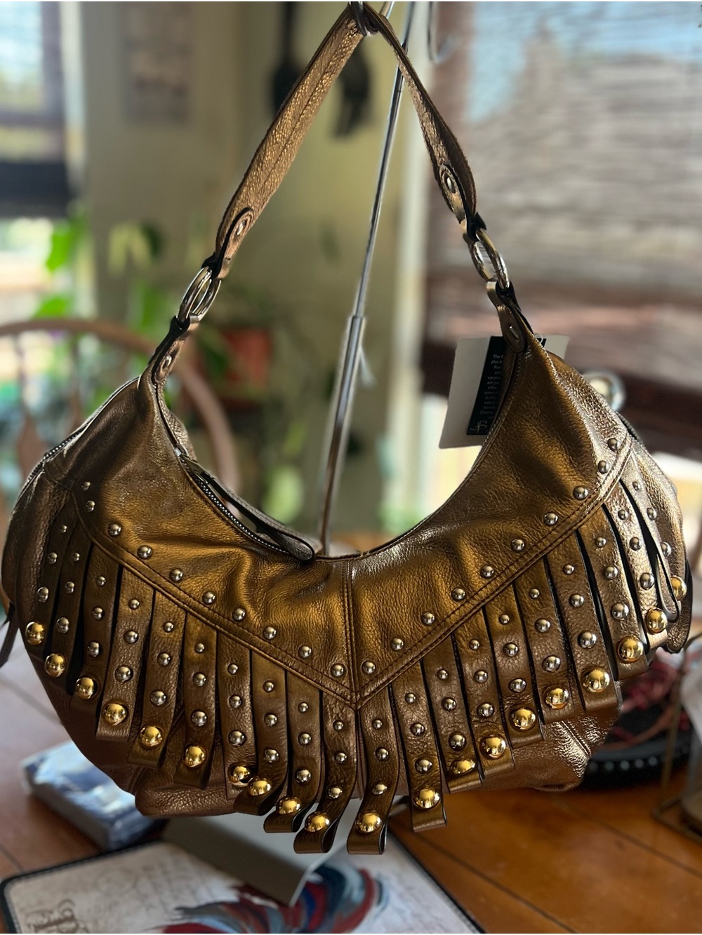 b. makowsky Metallic Bronze Fringe Hobo with Gold Studs